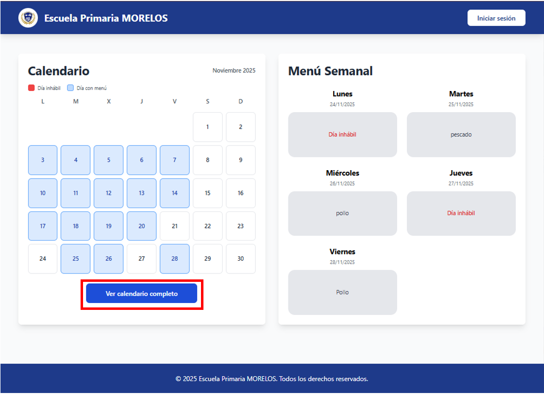 Panel principal con calendario y menú semanal
